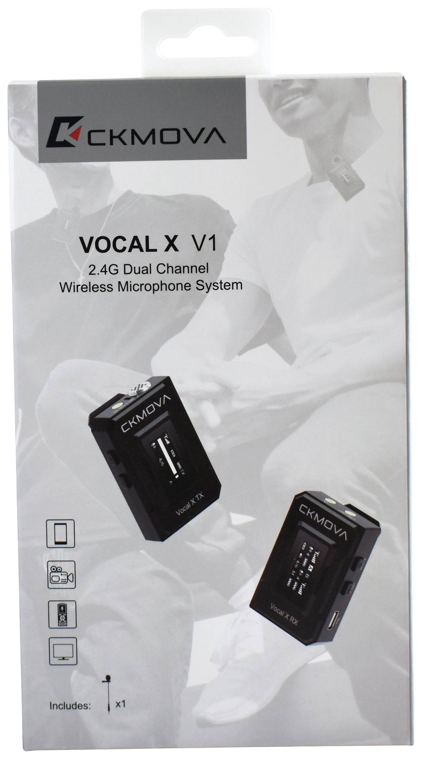 Balenie mikrofónového systému CKMOVA VOCAL X V1. Zobrazuje dva mikrofónové prijímače a obsahuje informáciu: '2,4G bezdrôtový mikrofónový systém s dvomi kanálmi'.