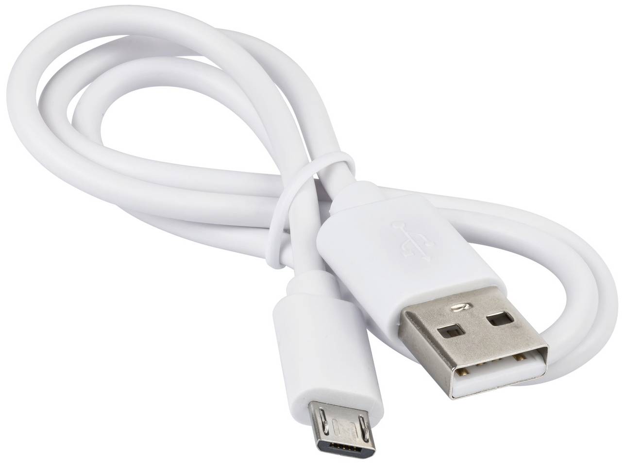 Biely USB kábel s micro-USB konektorom na jednej strane a štandardným USB-A zástrčkou na druhej strane.