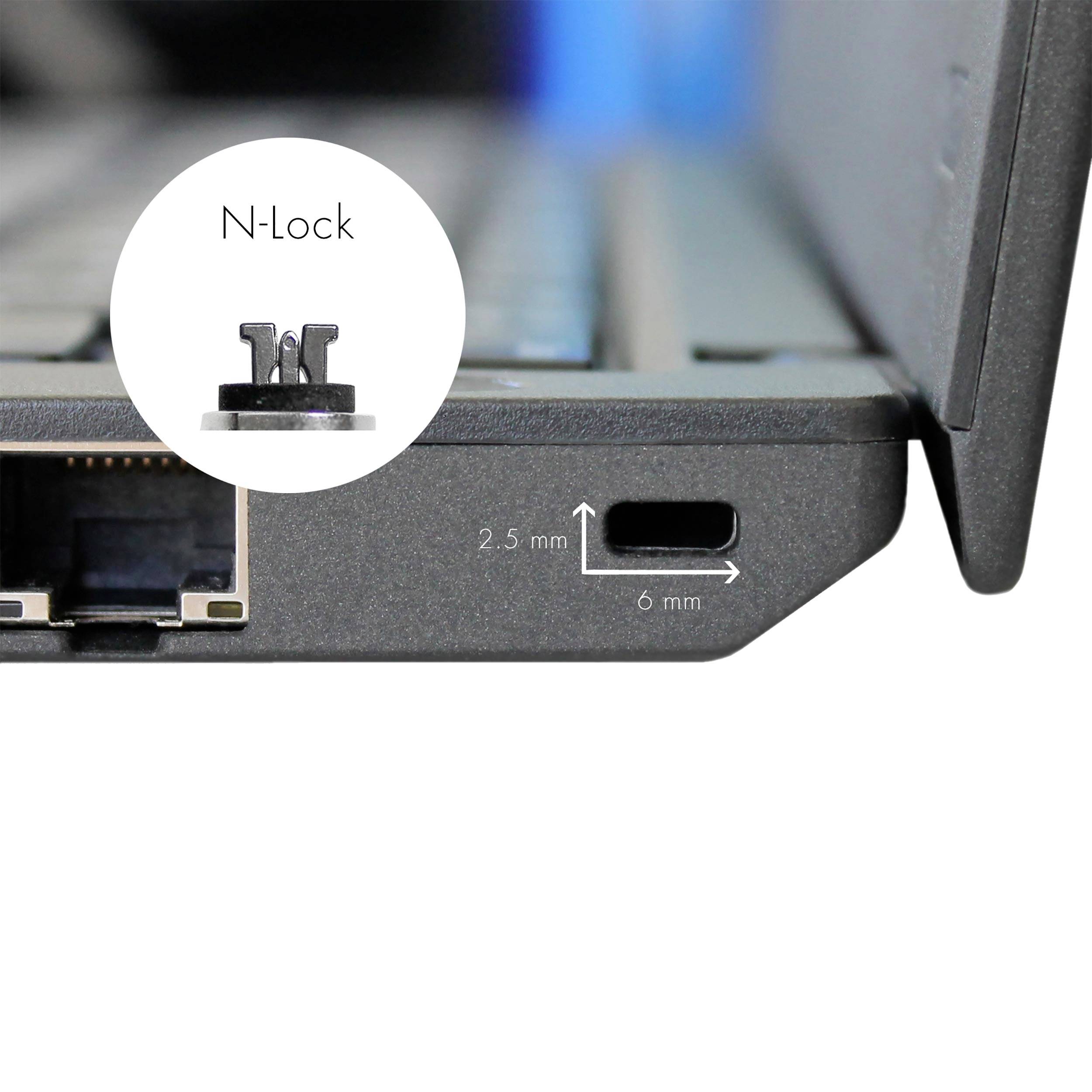 Pohľad z boku na zámok notebooku s N-Lock mechanizmom. Zobrazuje okrúhly otvor so súčasťou kľúča v strede.