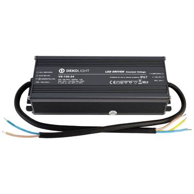 Čierny LED driver od DEKOLIGHT, model V6-150-24, pre konštantné napätie. Vhodný do vlhkého prostredia, certifikovaný IP67.