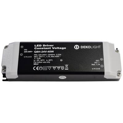 LED ovládač od Deko-Light s modelovým číslom QBH-24V-40W. Primárne napätie 220-240V, sekundárne napätie 24V pri 1,7A, maximálne 40W.