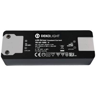 LED driver Dekolight V8-40-1050 so vstupom 220-240V, 50/60Hz, 0,23A, výstupom 1050mA, 19-38V, max. 40W. Určené len pre vnútorné priestory.