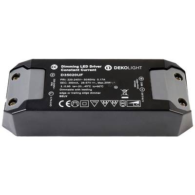 LED-driver so značkovým logom 'DEKOLIGHT', model D35020UF, vstup 220-240V~, výstup 350mA. Vhodný pre stmievateľné LED svietidlá.