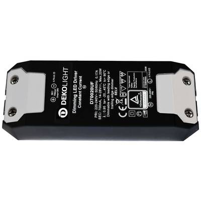 Čierny LED driver od Deko-Light s technickými špecifikáciami napätia, prúdu a čísla modelu, vhodný pre stmievateľné obvody.