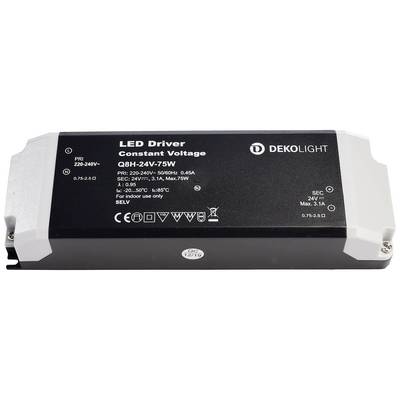 Čierny LED driver od značky Dekolight s bielym okrajom. Text zobrazuje vstupné napätie 220-240V a výstup 24V, max. 75W.