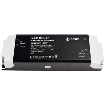 LED napájací zdroj od Dekolight pre konštantné napätie. Model QBH-24V-100W, vstup 220-240V, výstup 24V/4,2A, max. 100W. Vhodný pre vnútorné priestory.