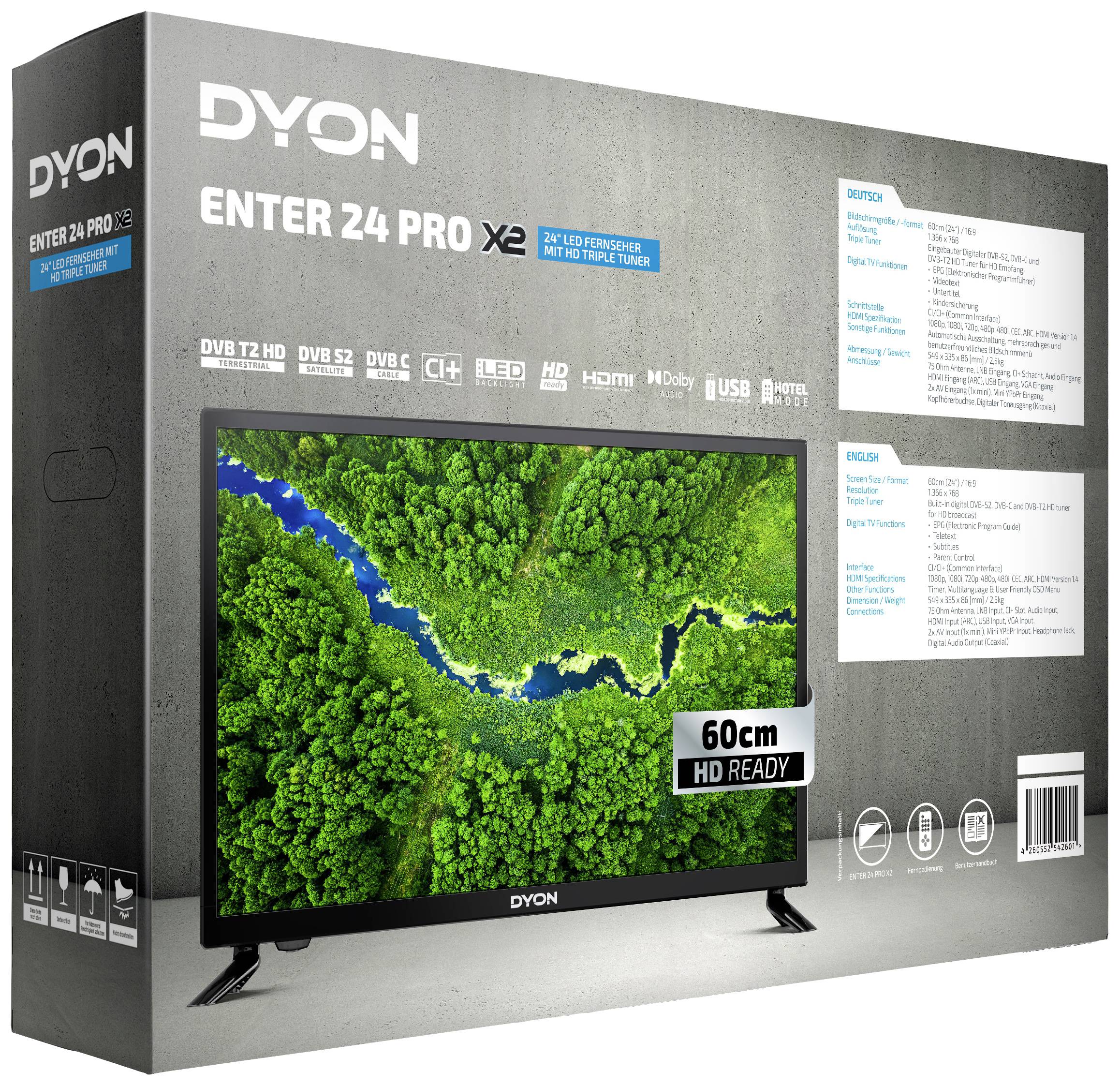 Televízny obal značky Dyon. Model 'Enter 24 Pro X2' s uhlopriečkou obrazovky 60 cm. Vytlačené špecifikácie a charakteristiky.