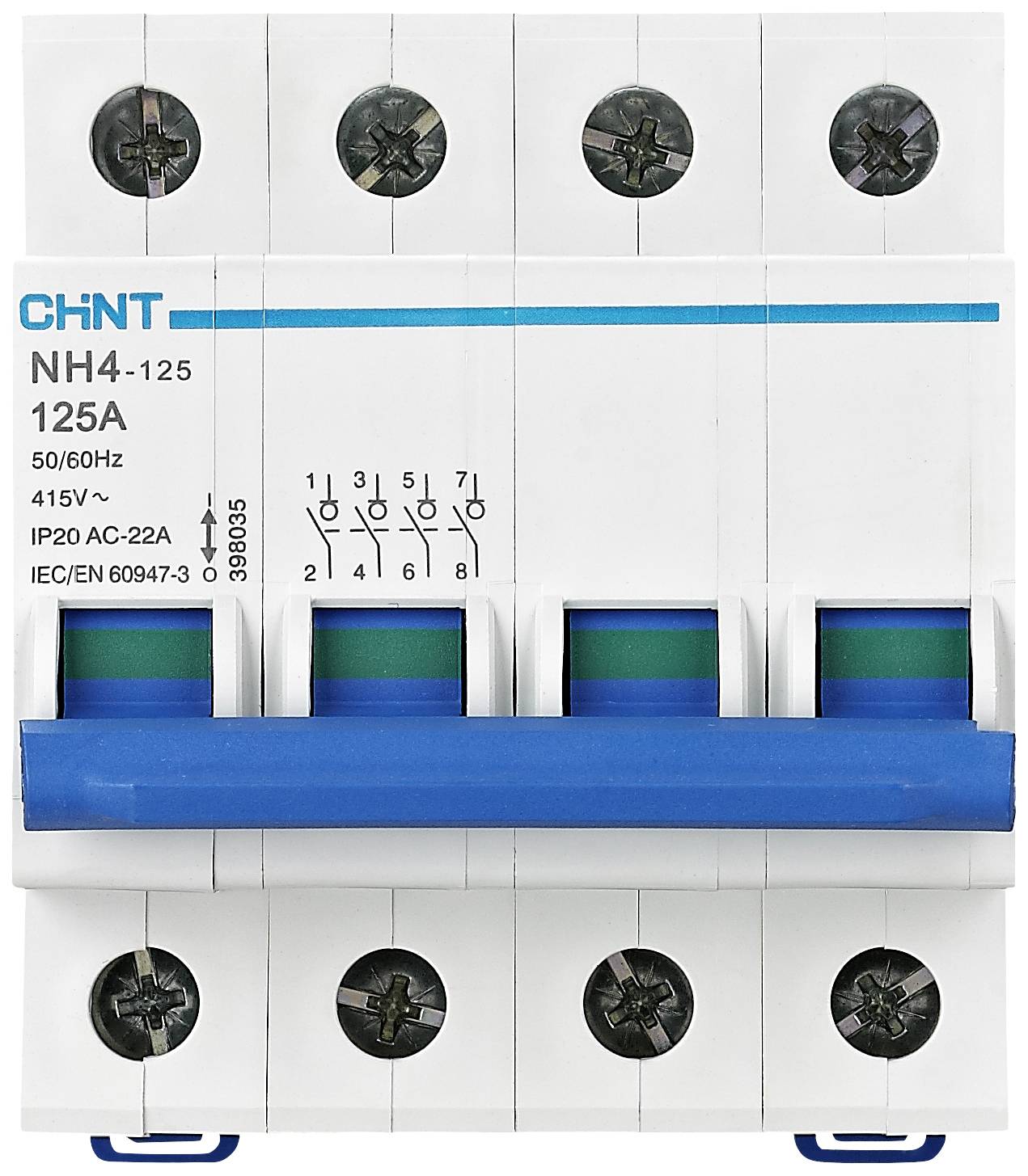 Biely NH4-125 125A ochranný istič od Chintu, štvorpólový s modrou pákou, vhodný pre napätie do 415V a prúd 22A.