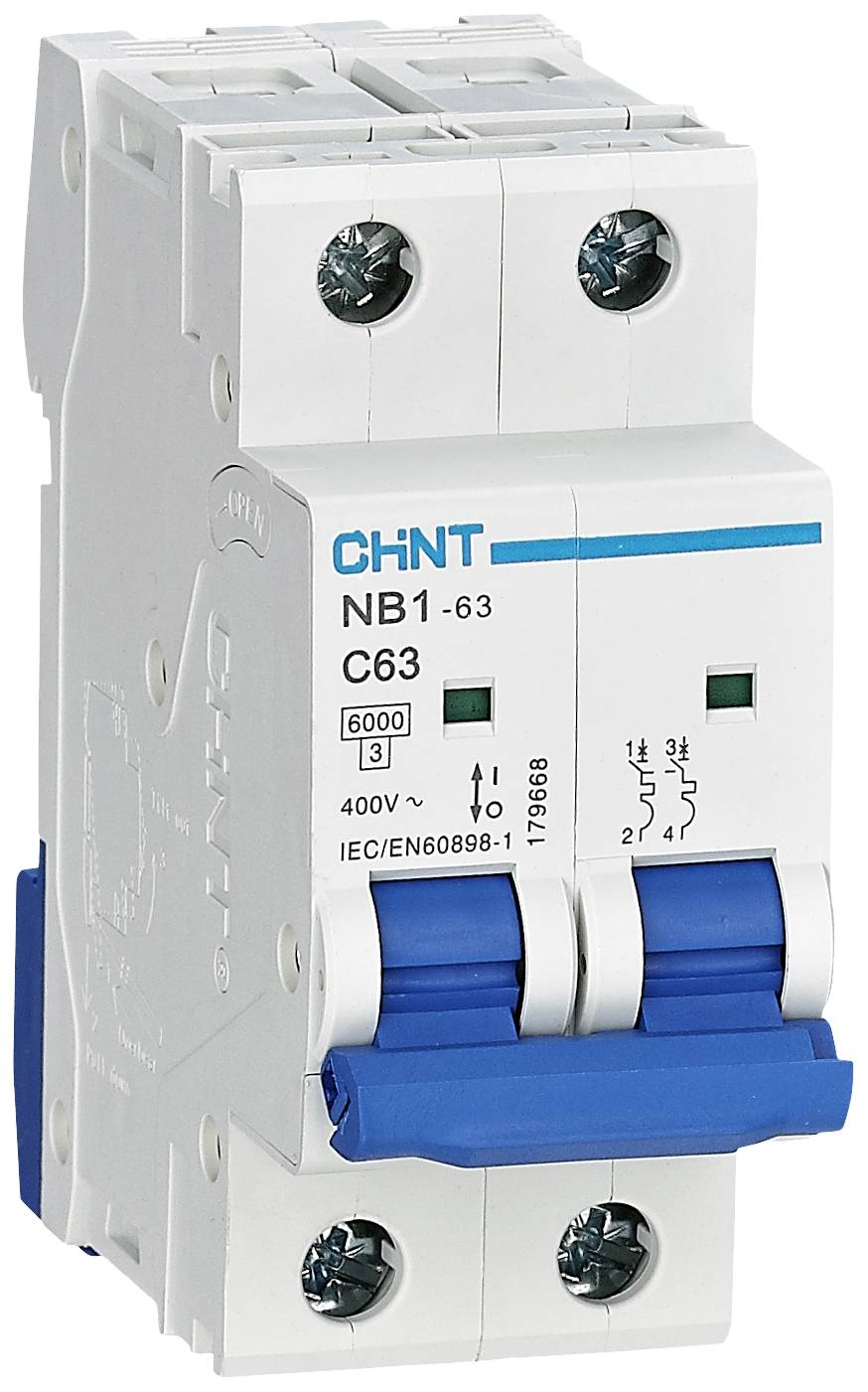 Automatický ochranný istič s nápisom 'NB1-63 C63'. Určený pre 400V. Používa sa v elektrických obvodoch na ochranu pred nadmerným zaťažením.