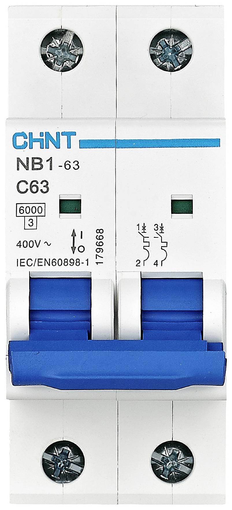 Istič s nápisom 'CHNT NB1-63 C63', menovité napätie 400V a modrým spínačom.