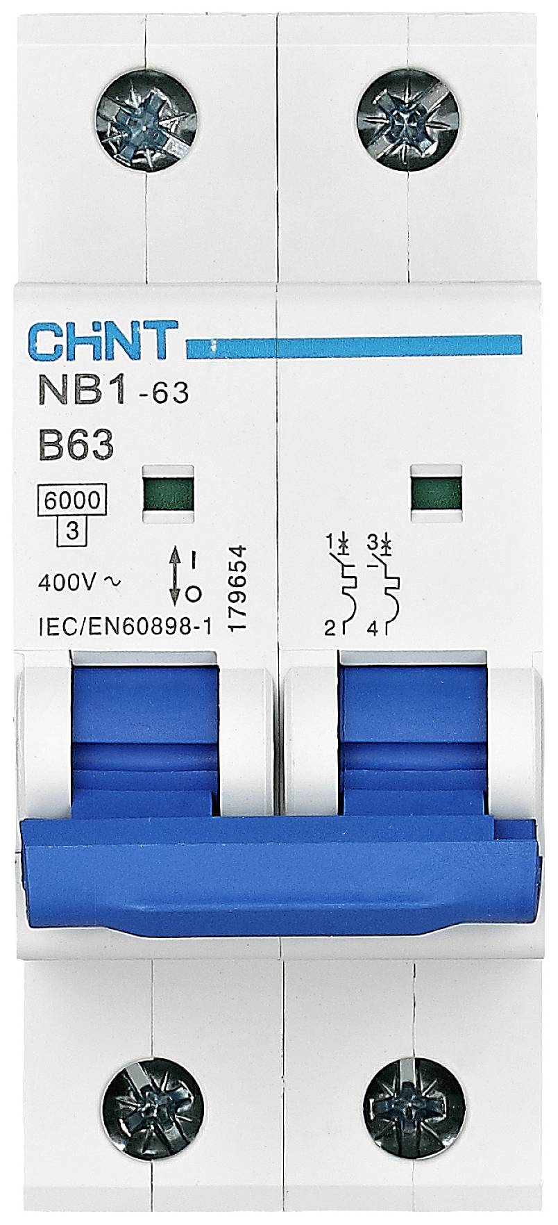 Dvojpólový istič značky CHINT, model NB1-63 B63, 400V, 63A, s modrou páčkou prepínača.