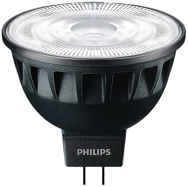 LED bodové svetlo v čiernom kryte od Philips, zobrazené z boku s dvoma kolíkmi dole.