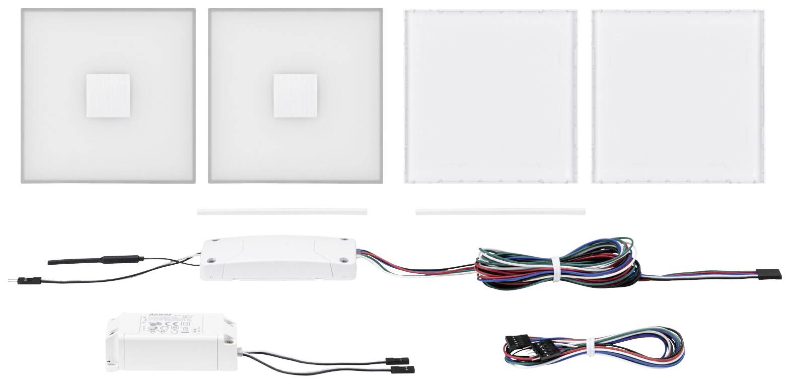 LED stropný panel - súprava pozostávajúca z dvoch štvorcových svietidiel, riadiacej jednotky, káblov a montážneho materiálu, vhodná na osvetľovacie účely.