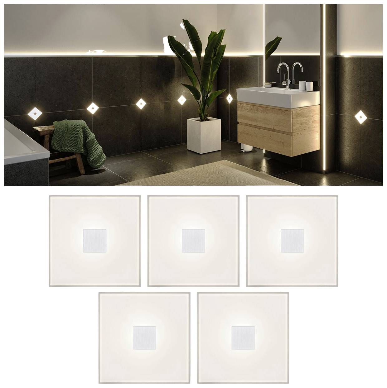 Moderne kúpeľňa s tmavými dlaždicami, rastlinou a osvetleným umývadlovým stolíkom. Pod ním je šesť LED svetiel integrovaných do štvorcových dlaždíc.