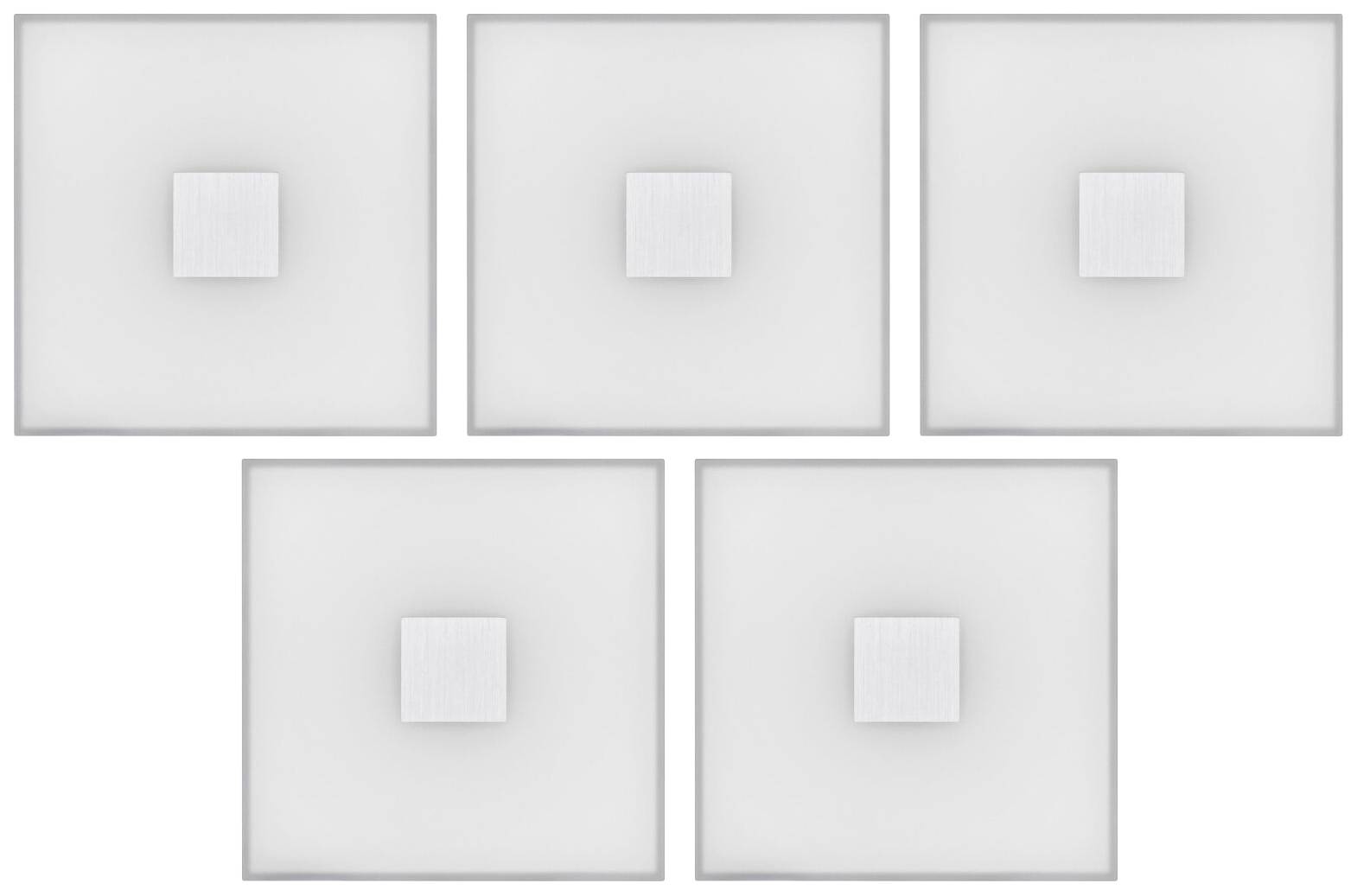 Päť štvorcových objektov symetricky usporiadaných, každý s menším štvorcom v strede na bielom pozadí.