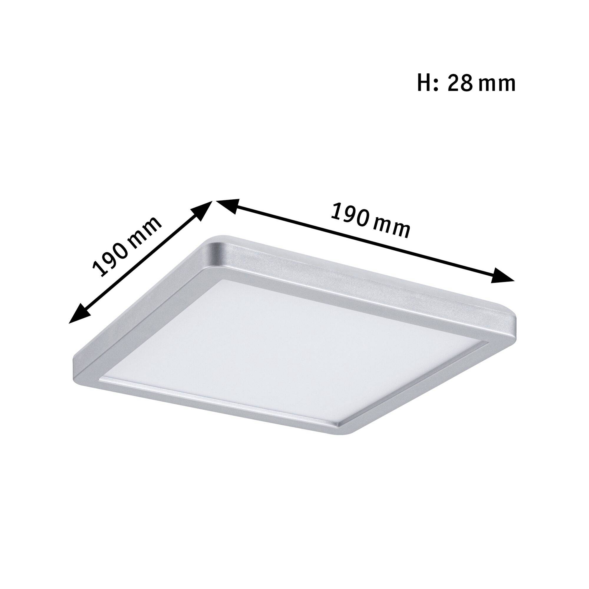 Štvorcové LED stropné svietidlo s rozmermi 190 mm x 190 mm a výškou 28 mm. Strieborný rám, biely kryt.