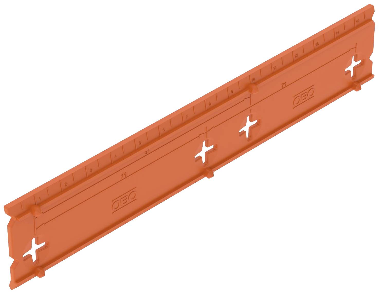 Oranžový plastový rozperný prvok so stupnicou a viacerými otvormi, ktoré možno použiť na inštaláciu alebo montáž.