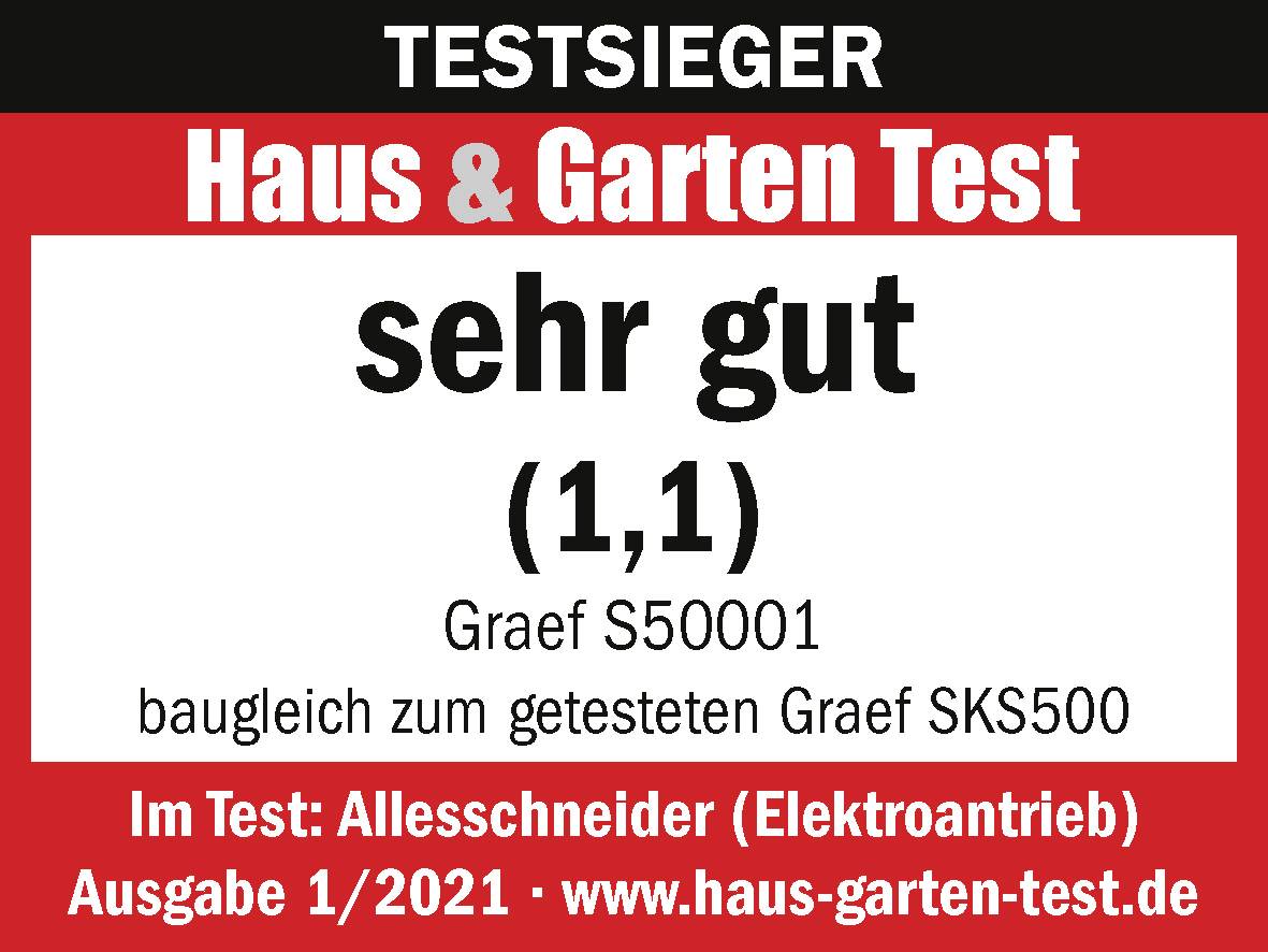 Časopis 'Haus & Garten Test' hodnotí Graef S50001 ako 'veľmi dobré' (1,1). Konštrukčne zhodné s Graef SKS500. Vydanie 1/2021.