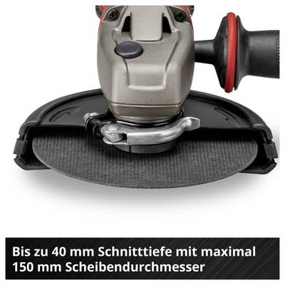 Uhlová brúska s rezným kotúčom; Text uvedie hĺbku rezu až 40 mm pri maximálnom priemere kotúča 150 mm.