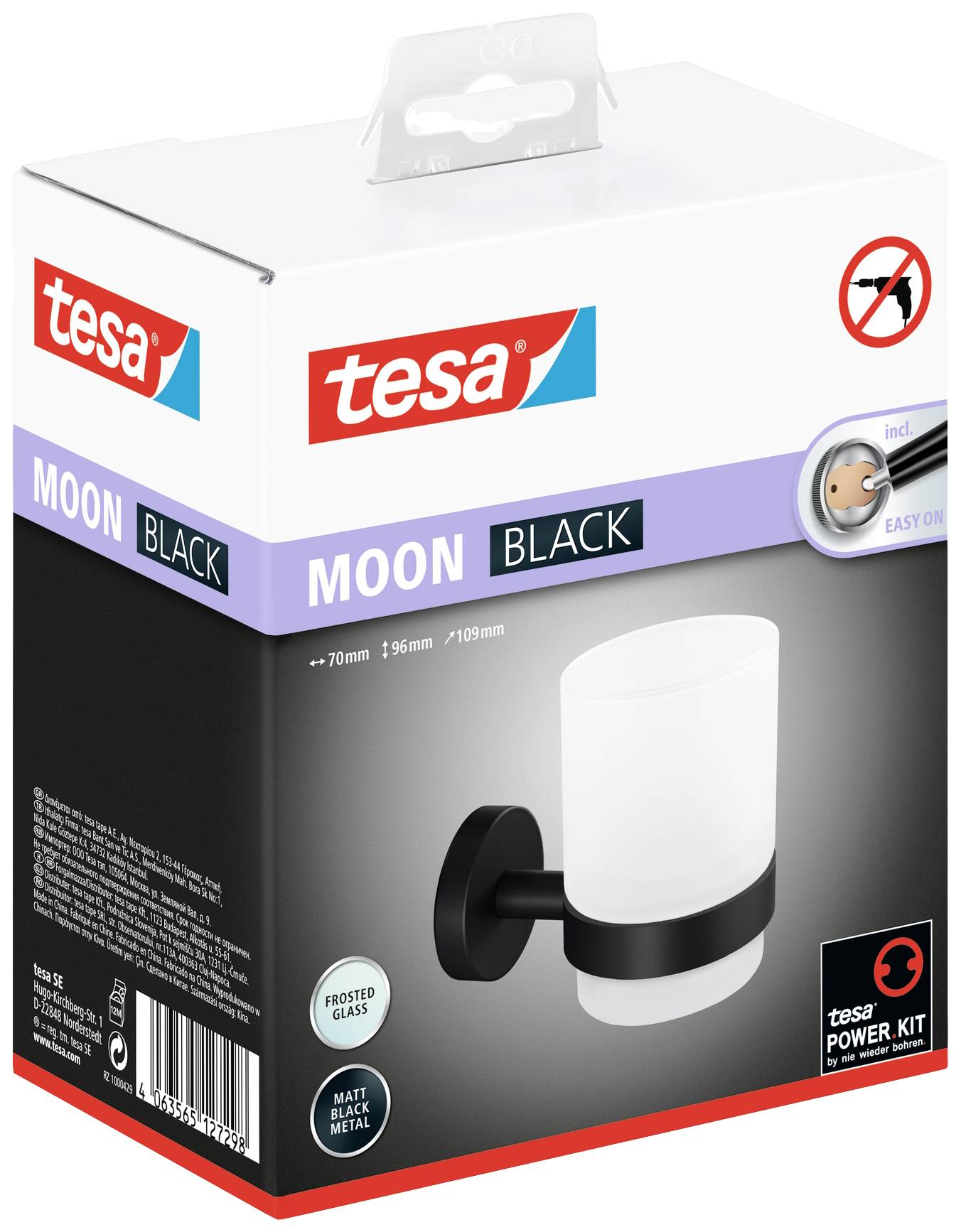 Balenie držiaka na stenu so sklenenou nádobou, značka 'tesa', model 'Moon Black', vrátane jednoduchej inštalácie, matný čierny kov.