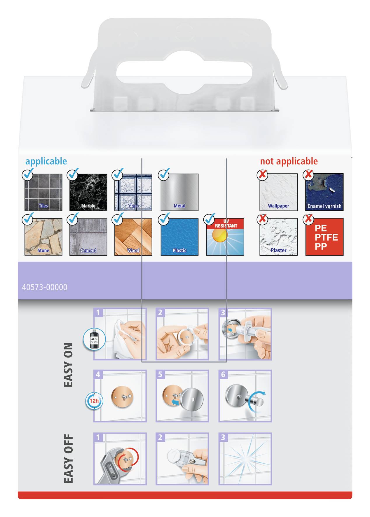 Obal s ilustráciami použitia: Vhodné pre dlaždice, mramor, kov. Nevhodné pre tapety, omietku. Postup aplikácie a odstránenia vysvetlený v jednoduchých krokoch.