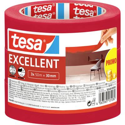 Rolka červenej Tesa maskovacej pásky označená ako 'Výborná' a 'Promo', zobrazujúca aplikáciu na stenu. Text obsahuje rozmery: 3x 50m x 30mm.