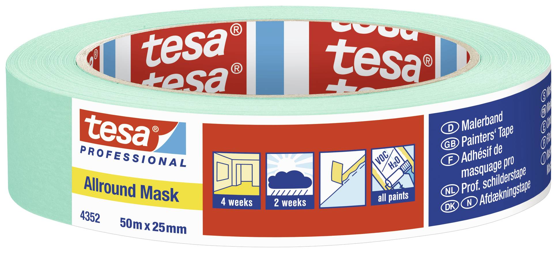 Kruhová zelená lepiacu pásku s logom 'tesa'. Údaje: 'Allround Mask', 50m x 25mm, určená pre maliarske práce, vhodná pre vnútorné aj vonkajšie použitie.