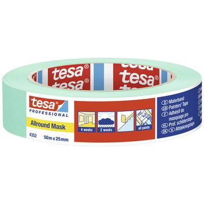 Kruhová zelená lepiacu pásku s logom 'tesa'. Údaje: 'Allround Mask', 50m x 25mm, určená pre maliarske práce, vhodná pre vnútorné aj vonkajšie použitie.