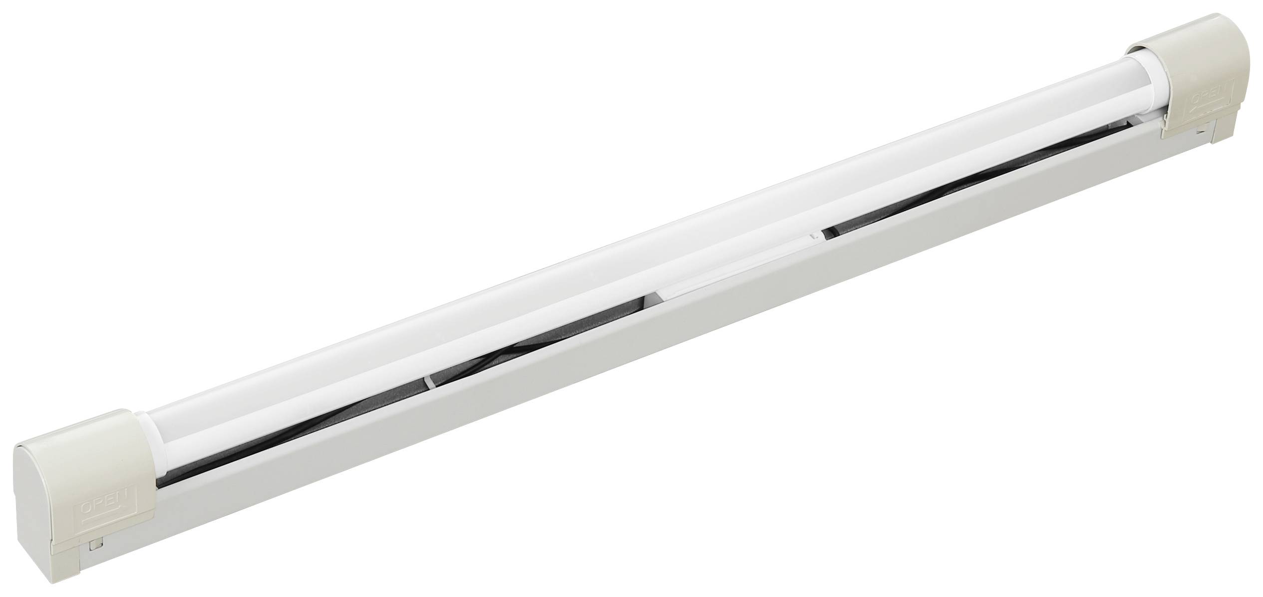 Podlhovastá biela žiarivková lampa s bielymi koncovými krytmi, horizontálne umiestnená. Často sa používa na jasné osvetlenie priestoru.