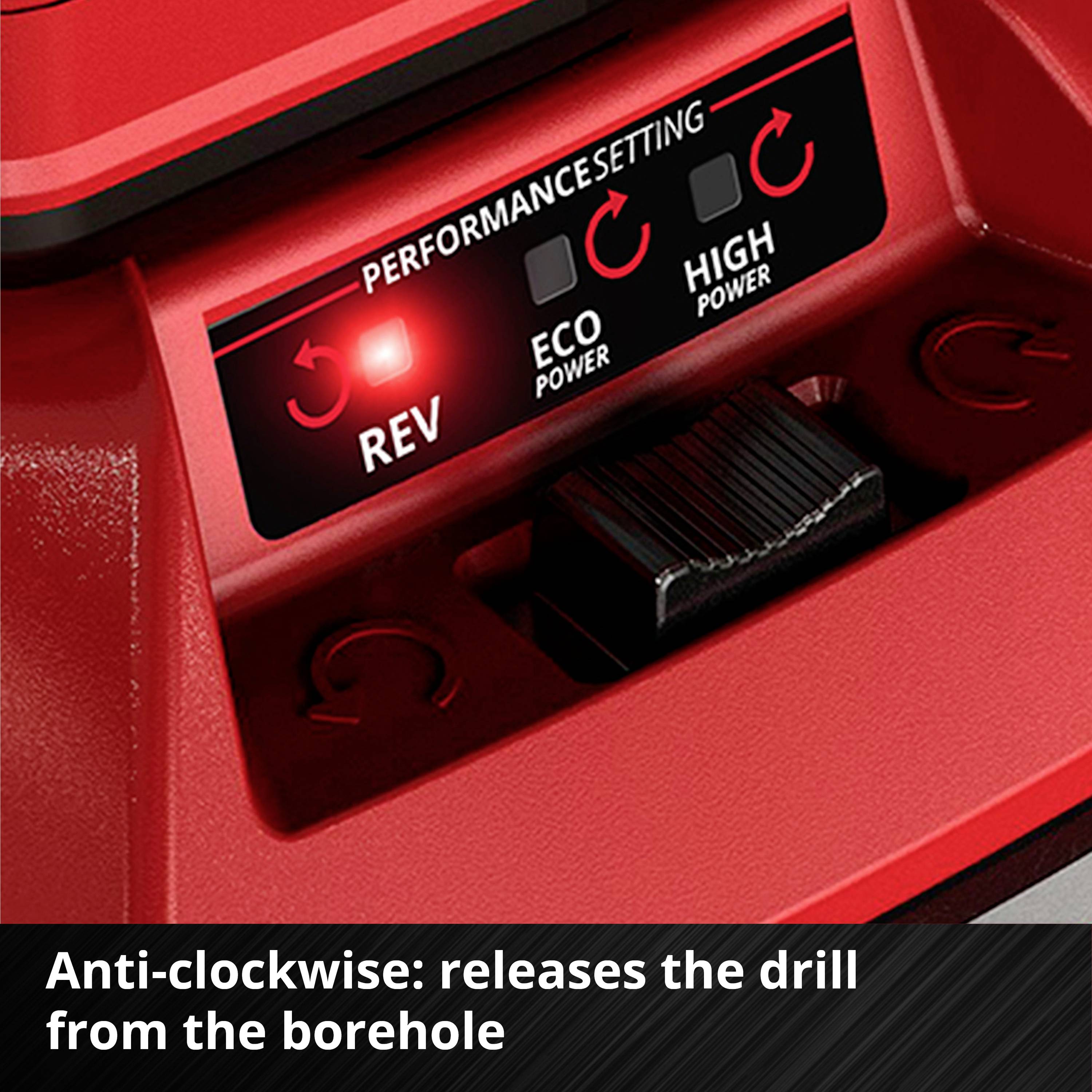 Červený ovládací panel zariadenia s prepínačom pre 'REV', 'ECO POWER' a 'HIGH POWER'. Text: 'Spätný chod: uvoľní vrták z vŕtaného otvoru'.