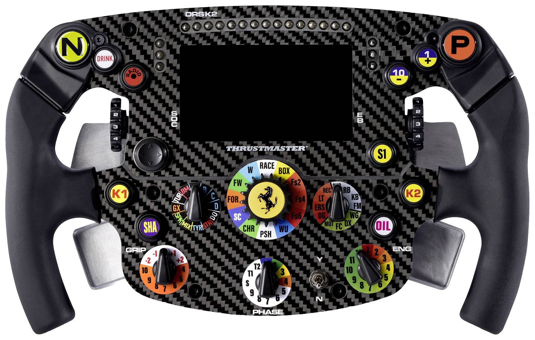 Volant s tlačidlami a otočnými ovládačmi, inšpirovaný pretekárskym autom. Zobrazuje rôznofarebné ovládacie prvky a displej.