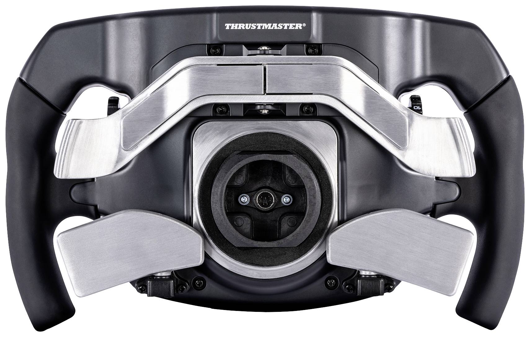 Volant značky Thrustmaster z čierneho a strieborného materiálu, pohľad spredu.
