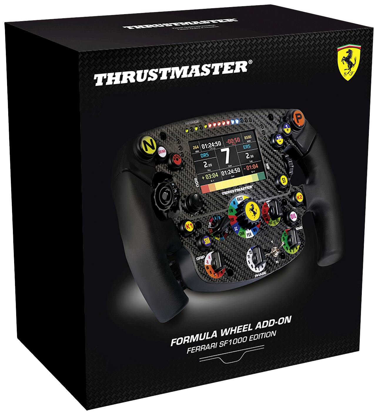 Obal príslušenstva Thrustmaster Formula volantu, edícia Ferrari SF1000, zobrazuje podrobný volant s farebnými tlačidlami.