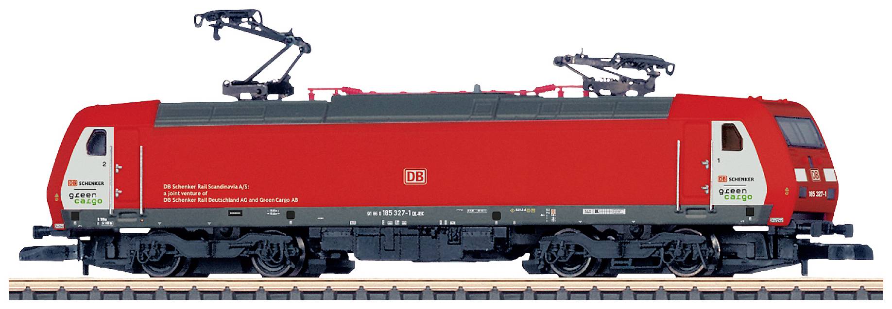 Červený model nemeckej elektrickej lokomotívy na koľajniciach, s logom DB a nápisom 'DB Schenker Rail' a 'Captrain' na boku.