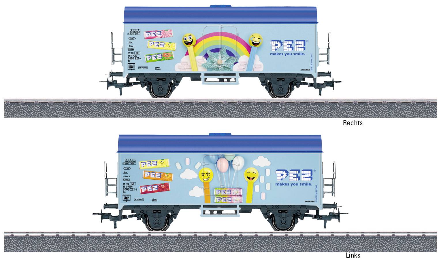 Dva nákladné vagóny s reklamou na PEZ, vrátane farebných log a emoji, zobrazené na koľajniciach. Jeden má dúhové motívy, druhý smajlíkov s lízatkami.