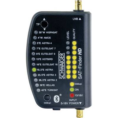 Sat-Finder HD zariadenie s LED indikátormi pre satelitné pozície a kvalitu signálu, vrátane LNB a DiSEqC vstupov.