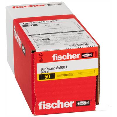 Červená krabica Red Fischer DuoXpand 8x100 T kotvy do steny, označená na '50' kusov.