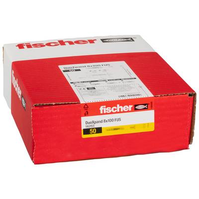 Červená krabica Fischer DuoXpand 8x100 FUS závesných kotiev na stenu, označená balenie 50 kusov.