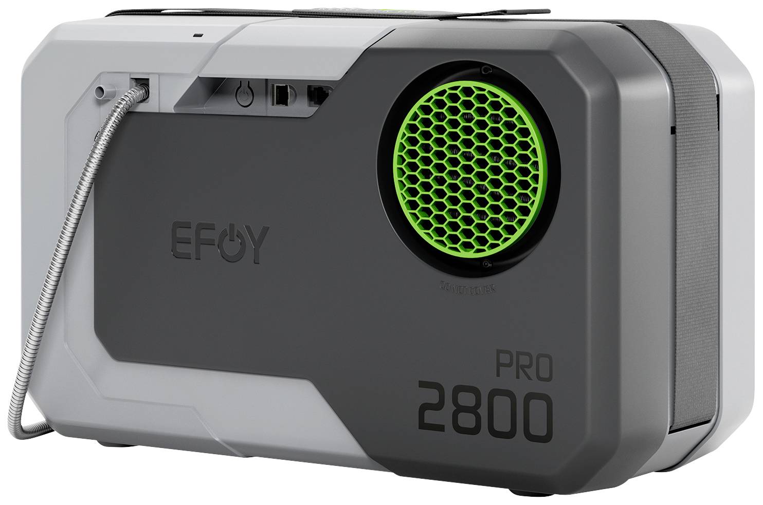 Kompaktný čierny a sivý generátor so zeleným vetracím otvorom. Označenie: 'EFOY Pro 2800'. Zdroj energie pre vonkajšie použitie.