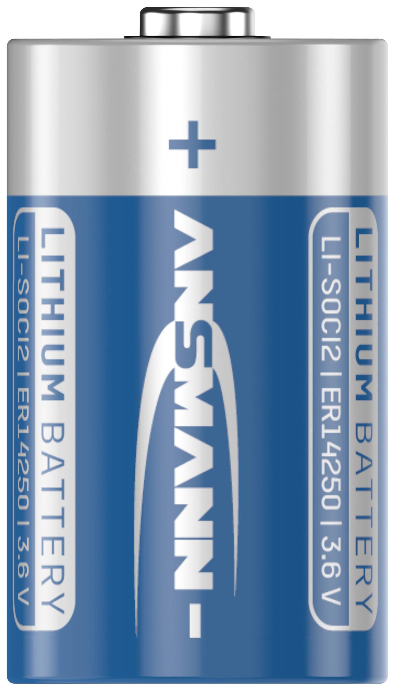 Modrá lítiová batéria s nápisom 'Lithium Battery'. Značka je vertikálne umiestnená v strede.