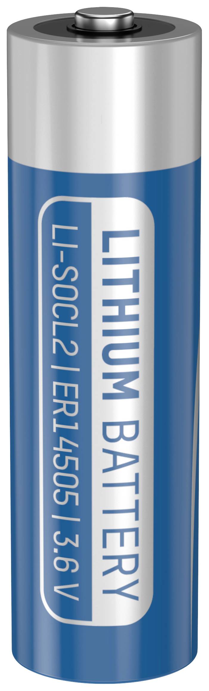 Modrá lítiová batéria s označením 'Lithium Battery LI-SOCL2 ER14505 3.6V'. Hore je viditeľný kryt batérie.