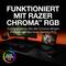 Herný setup s monitormi, headsetom, laptopom a RGB osvetlením. Text: 'Funguje s Razer Chroma RGB'.