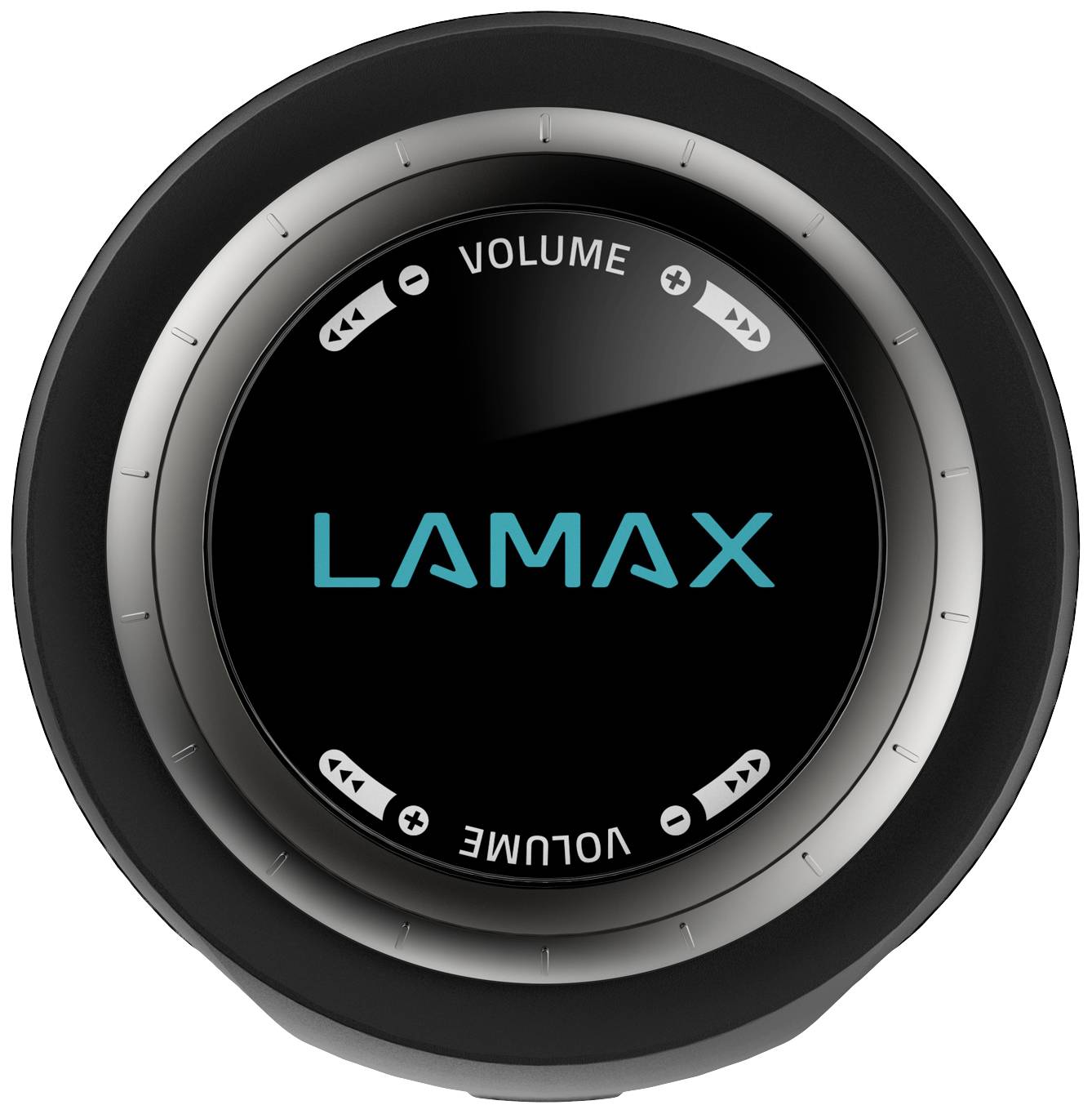 Guľatý čierny reproduktor z vrchu, so stredovým modrým logom 'LAMAX' a ovládačmi hlasitosti po stranách.