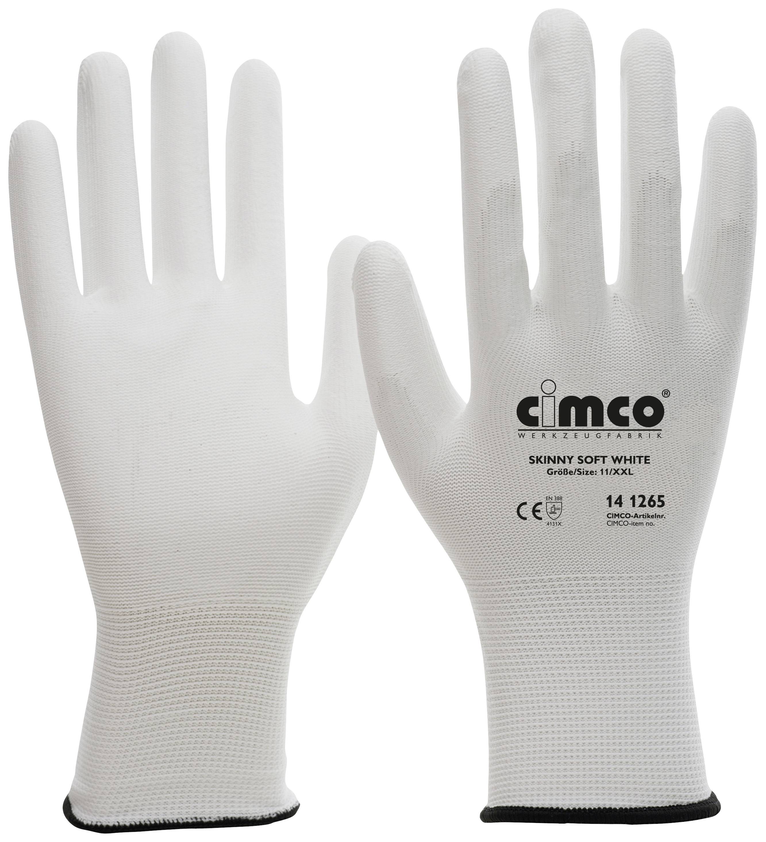 Dva biele pracovné rukavice značky Cimco, model 'Skinny Soft White', s označením CE a veľkosťou 10.