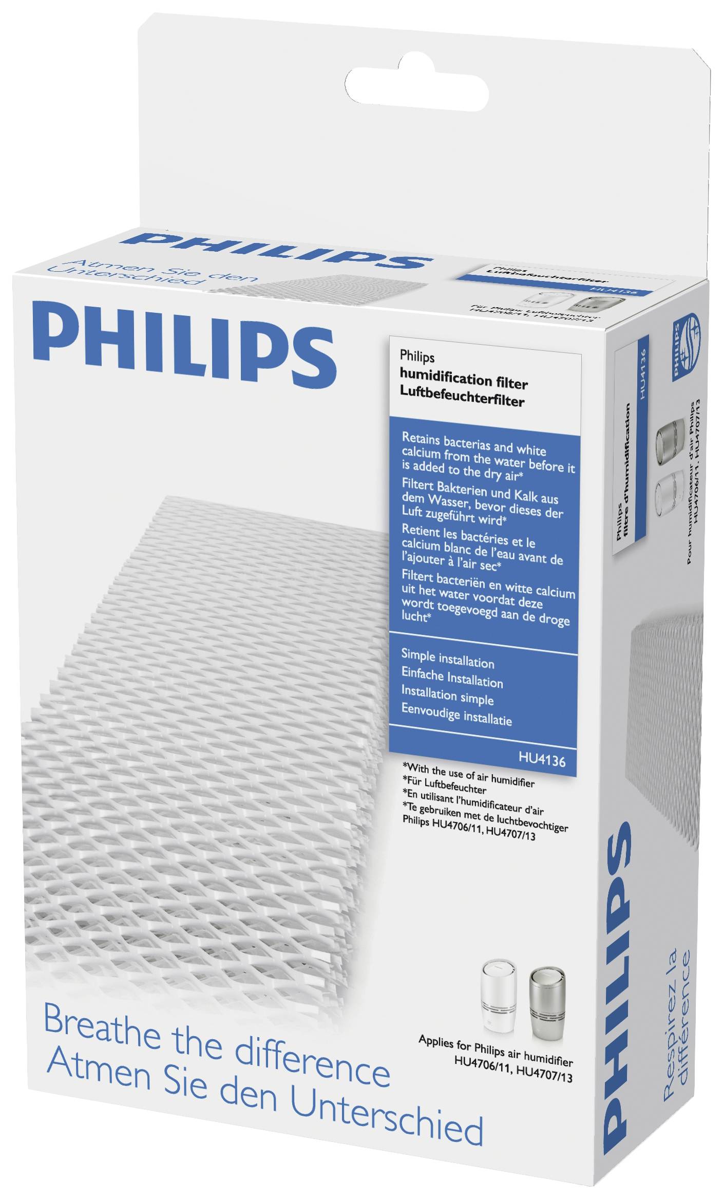 Kartón s filtrom Philips na zvlhčovač vzduchu. Obsahuje informácie o kompatibilite filtra a sľub 'Dýchajte rozdiel'.