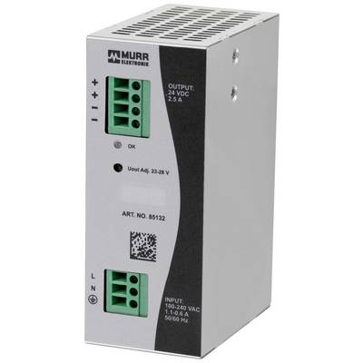 Spínaný napájací zdroj s nápismi: 'Výstup: 24 VDC, 2.5 A', 'Uout nastaviteľné 23-28 V', 'Vstup: 100-240 VAC, 1-0.6 A, 50/60 Hz'.
