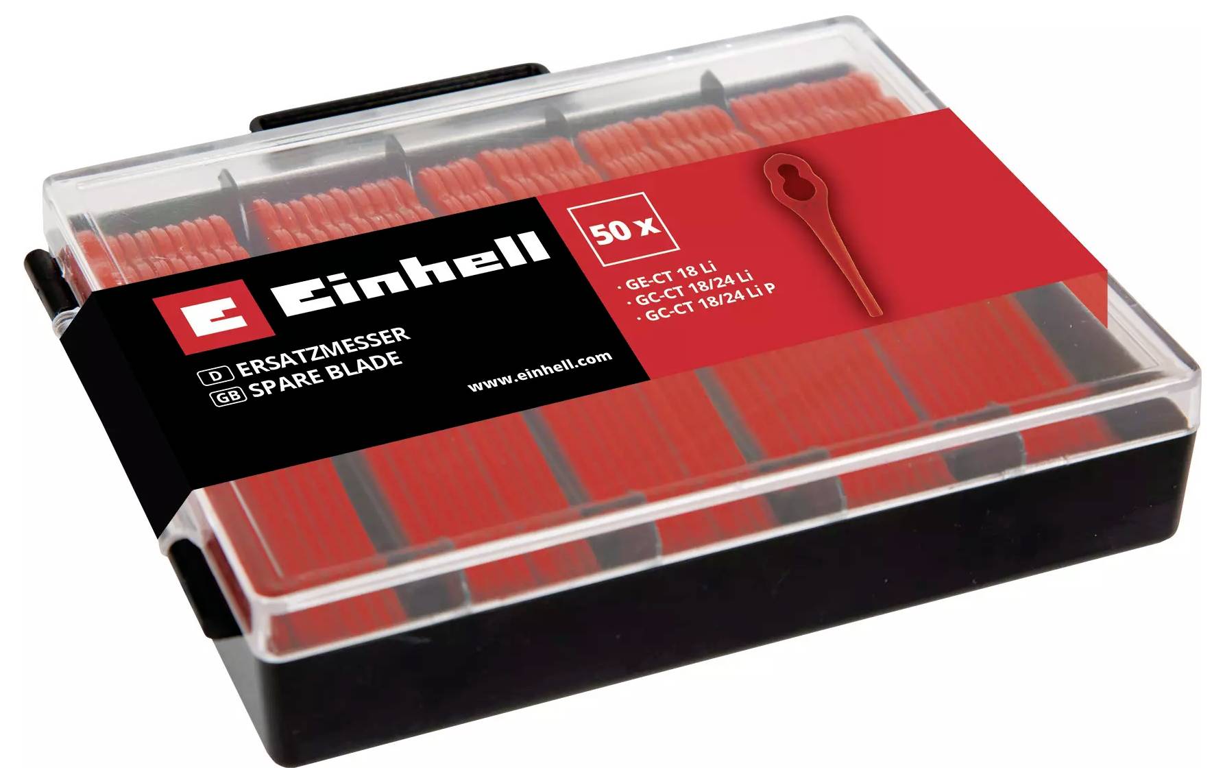 Náhradný balíček čepelí od Einhell s 50 červeno zafarbeným plastovým čepeľami, vhodný pre rôzne modely kosačiek.