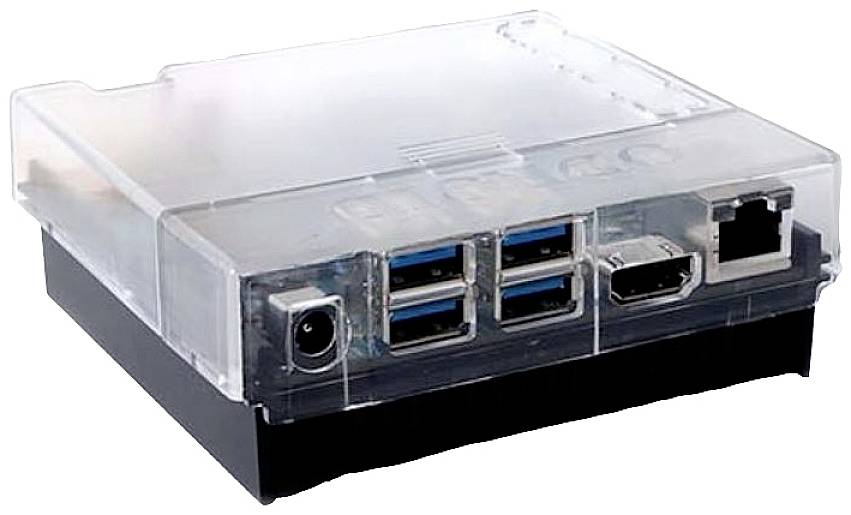 Priehľadný plastový kryt minipočítača s viditelnými portami: štyri USB porty, HDMI, LAN a napájací konektor.