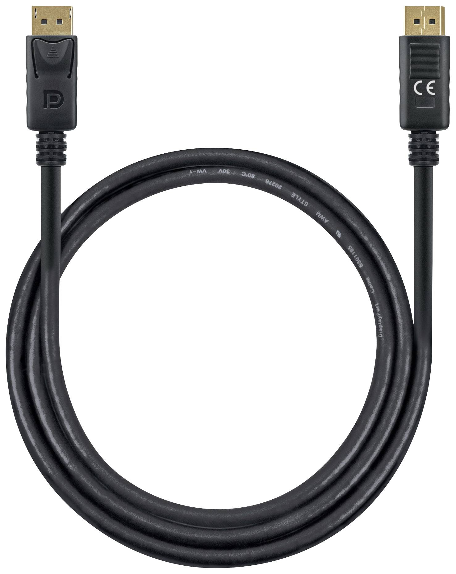 Čiernobiely DisplayPort kábel s dvoma konektormi, jeden DisplayPort konektor a jeden konektor označený CE, položený do kruhu.