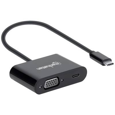 Adaptérový kábel s USB-C konektorom na jednej strane a VGA a USB-C konektormi na druhej strane. Značka 'Manhattan'.